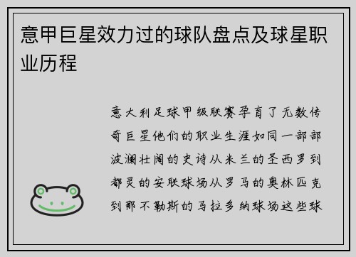 意甲巨星效力过的球队盘点及球星职业历程